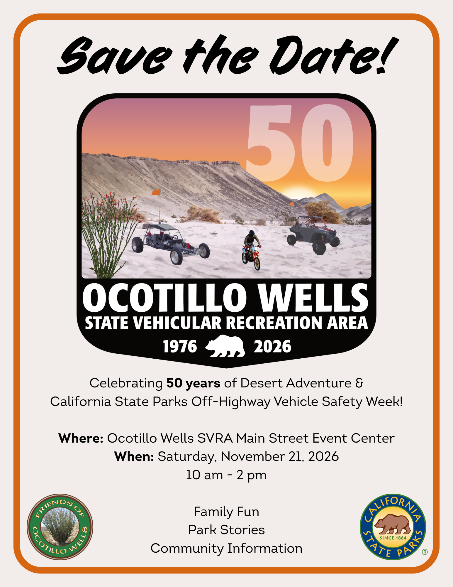 Save the Date flyer for Ocotillo Wells State Vehicular Recreation Area 50th Anniversary Celebration November 21, 2026 10 am to 2 pm